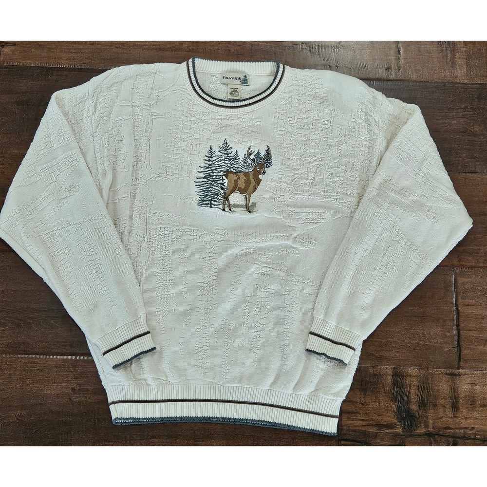 VTG Rustic Cabin Grandpacore 3D Deer Embroidered C Knit Sweater Cream L USA